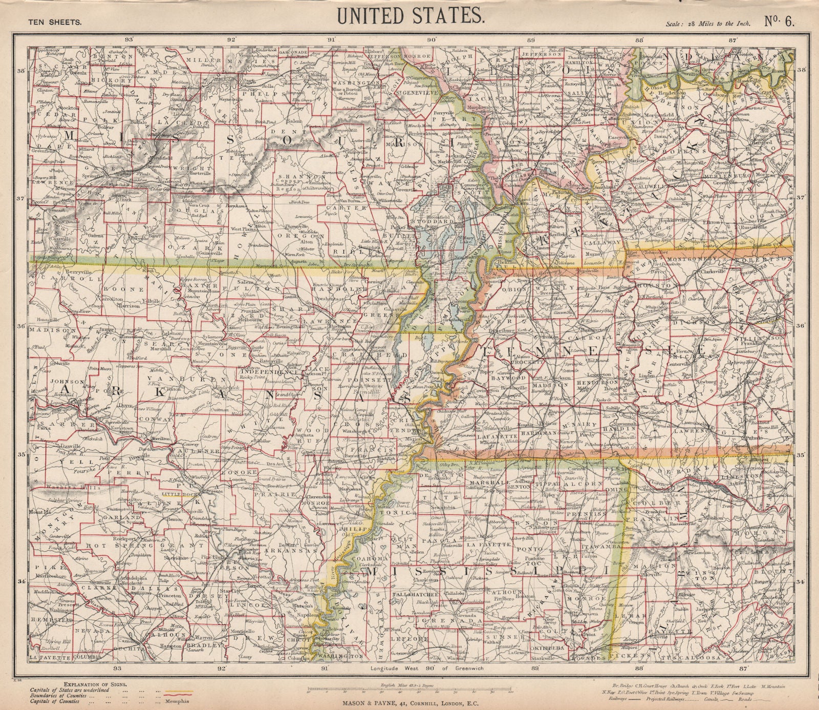 SOUTHEASTERN USA. Arkansas Tennessee Missouri MS KY AL Railroads. LETTS 1889 map